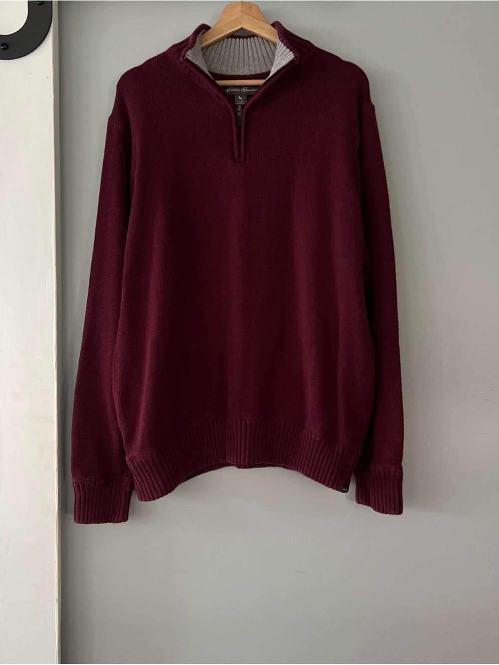 Eddie Bauer Sweater Men’s XL Pullover 1/4 Zip 100% Cotton Knit Burgundy Red